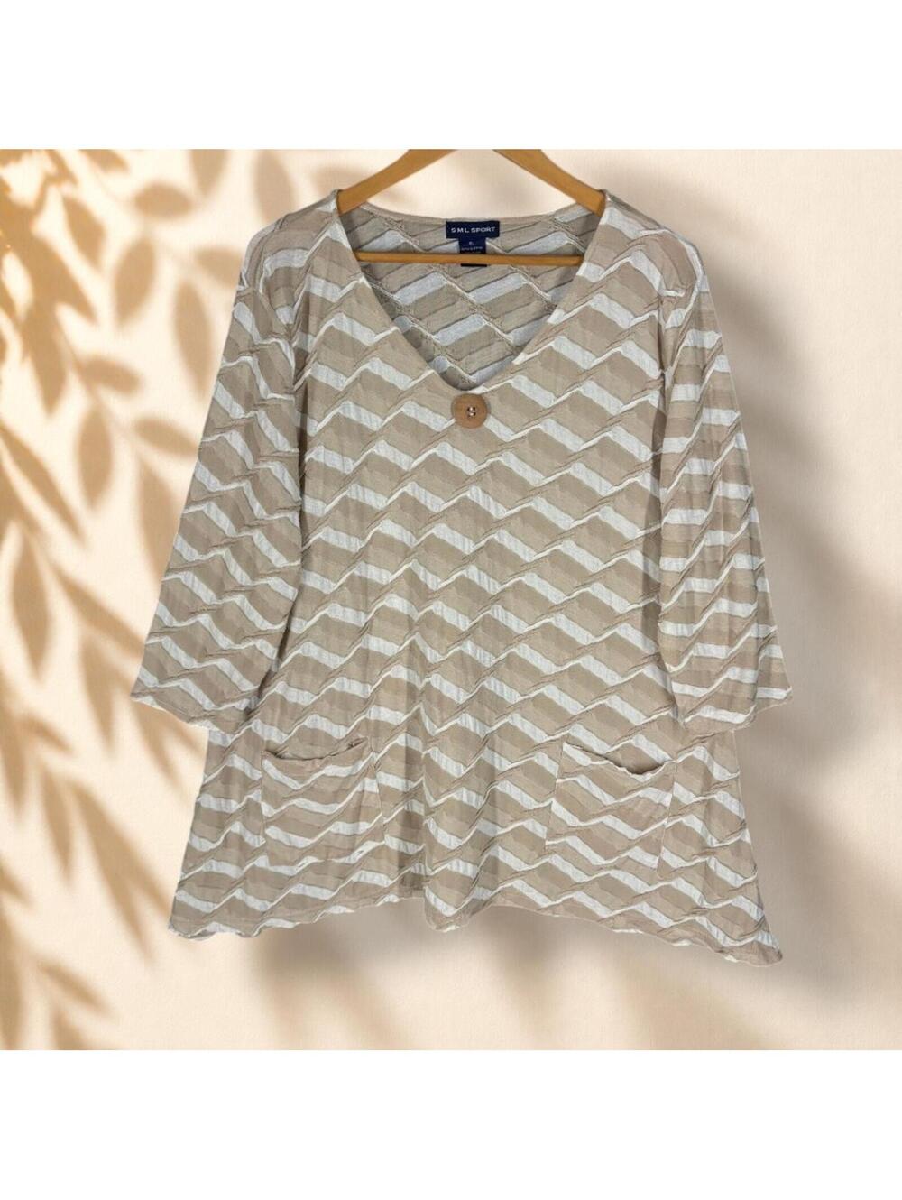 SML Sport Tunic Top Women XL Beige Striped 3/4 Sleeve Pockests Casual Rayon